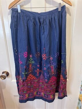 Vintage 80s Embroidered Boho Maxi Skirt Blue Aztec Geometric Hippie Medium